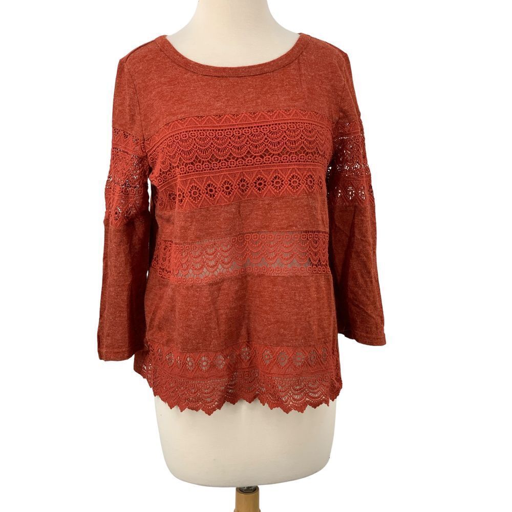 Anthropologie Doe & Rae Rust Lace Crochet Boho 3/4 Sleeve Top Blouse Size S READ